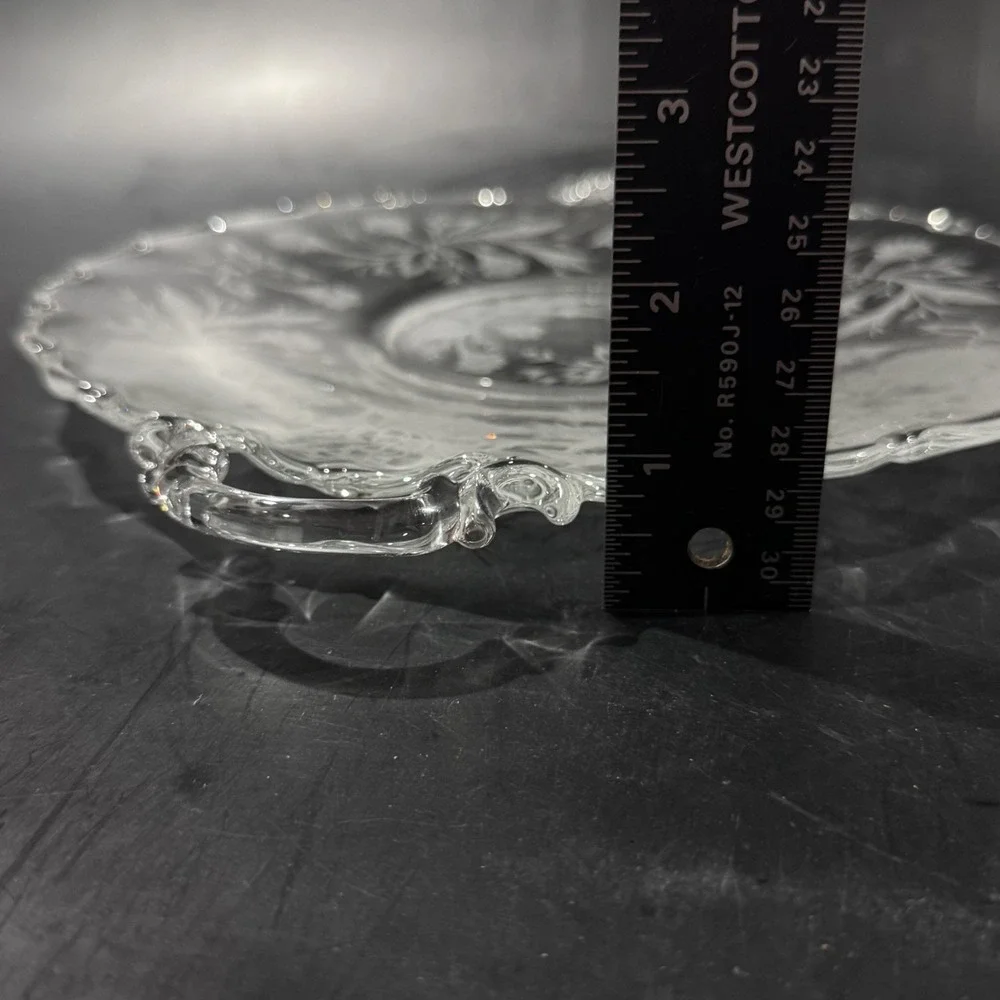 Vintage 9'‎ Pressed Glass Serving Plate w Handles Floral Pattern Scalloped Edge